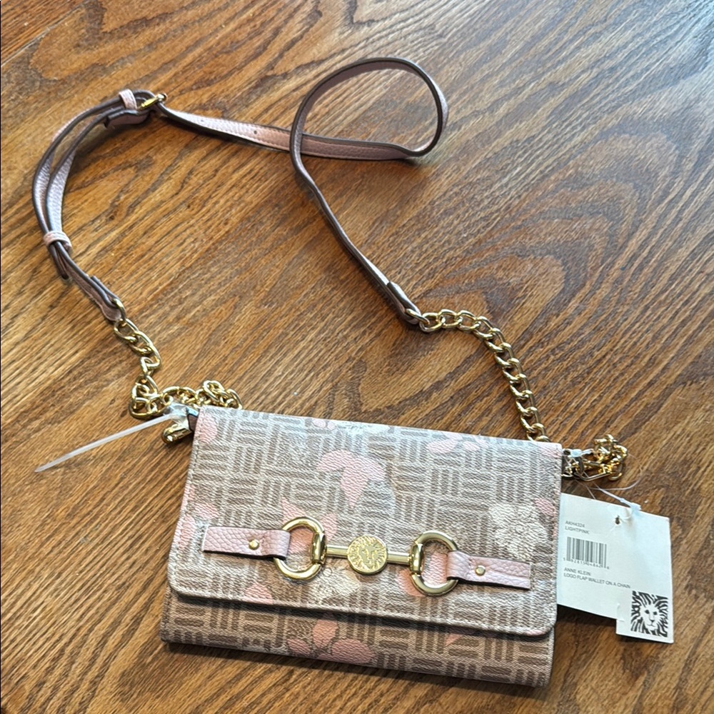 Anne Klein Pink and Tan Crossbody wallet on a chain with Gold Accents
